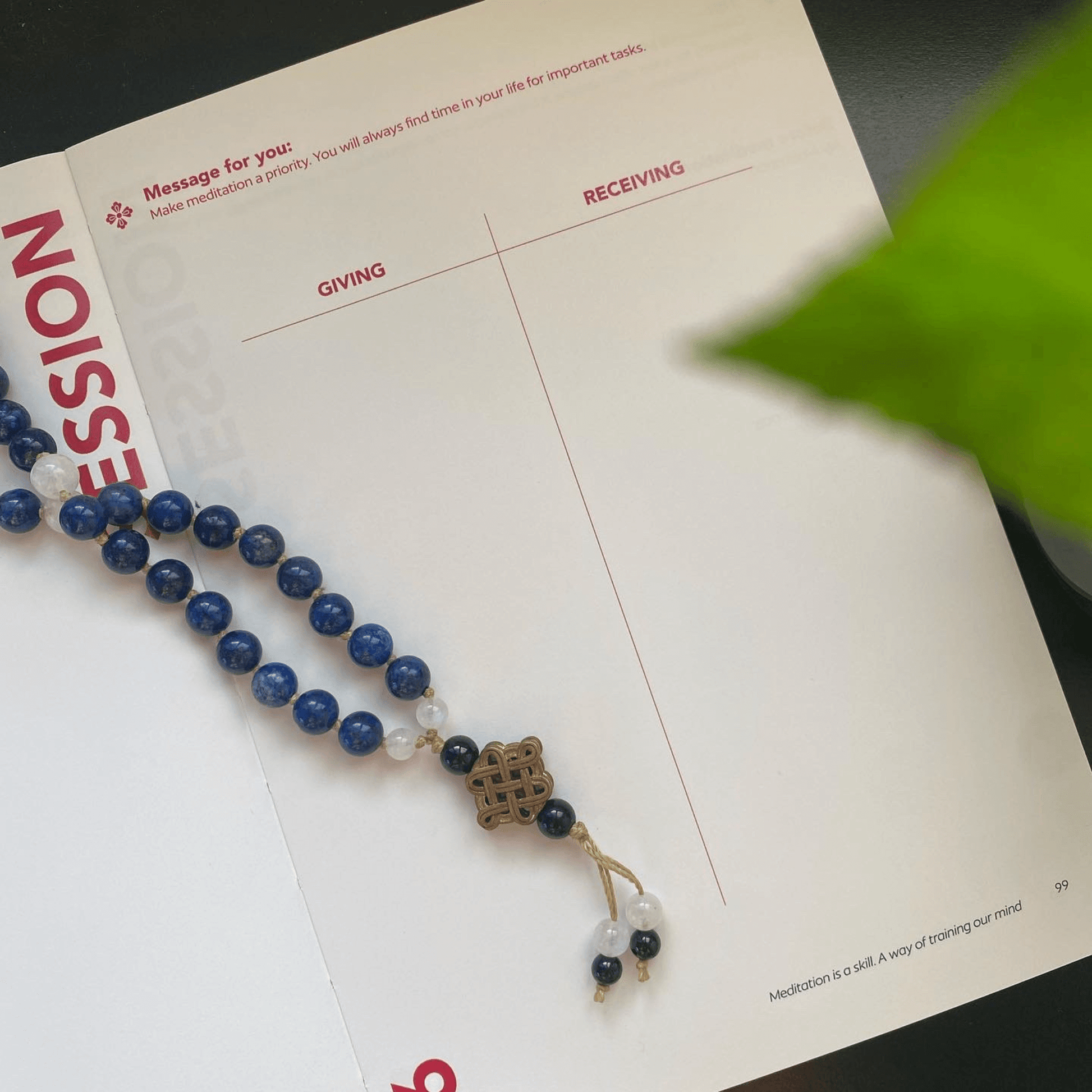Compassion chart with a beaded mandala in My meditation marathon mindfulness journal.